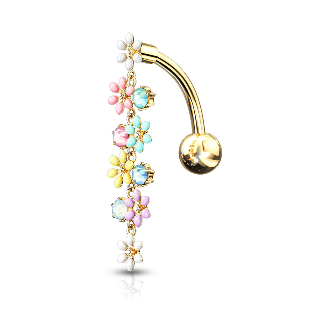 Opalite Crystal Stones and Enamel Flowers Top Drop 316L Surgical Steel Belly Button Rings